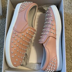 Stuart Weitzman Goldie faux pearl embellished leather slip on shoes